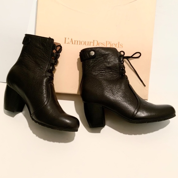 L'Amour des Pieds Pontedera Black Leather Ankle Bootie Block Heel Fashion Boot 7 - Picture 11 of 15